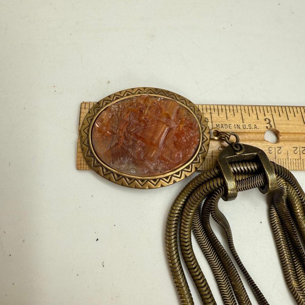 Unique Bronze Multi Snake Chain Orange Acrylic Pendant Necklace Unknown Maker - Picture 14 of 16